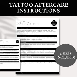 Plantilla de instrucciones de cuidado posterior del tatuaje / Documentos del artista del tatuaje / Formularios comerciales de tatuajes / Documentos de tatuaje editables / Hoja de cuidado posterior del tatuaje