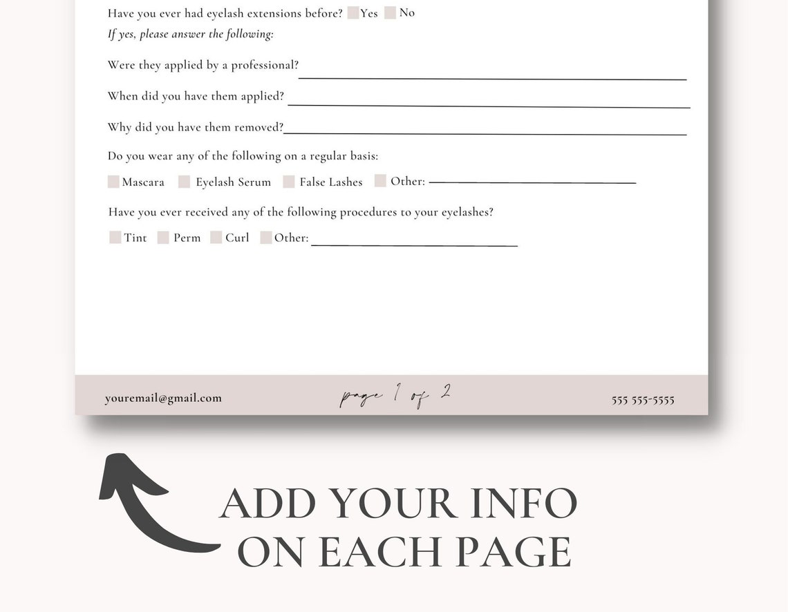 Eyelash Extension Intake Form Eyelash Extension Consent Form Eyelash ...