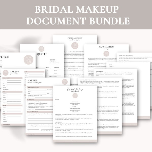 Bridal Makeup Document Bundle | Bridal Makeup Templates | Bridal Makeup Artist Contract | Bridal Makeup Artist | Bridal Makeup Form | Makeup