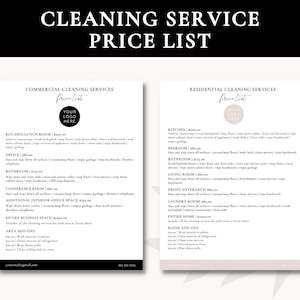 Cleaning Service Pricing List | Residential Cleaning Service Price List | Commercial Cleaning Service Price List | Canva Template | Cleaning