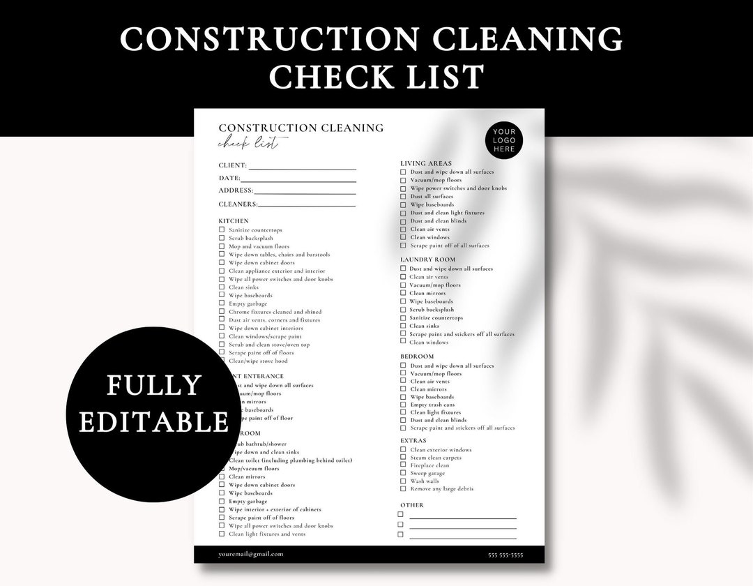 Construction Cleaning Check List | Editable Cleaning Check List | Cleaning Business Template ...