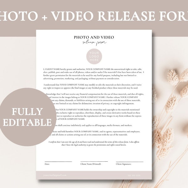 Editable Photo and Video Release Form | Photo and Video Release Template | Editable Contract | Photo or Video Release Form | Release Form