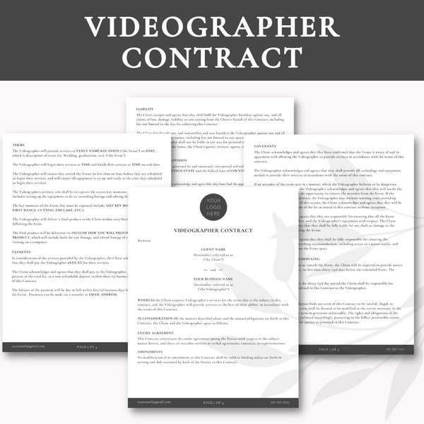 Editable Videographer Contract | Videographer Contract Template | Videographer Business Documents | Wedding Videographer Contract Template