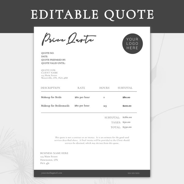 Editable Price Quotation Form | Small Business Price Quote | Modern Business Price Quote | Business Quote | Contractor Quote Form | Quote