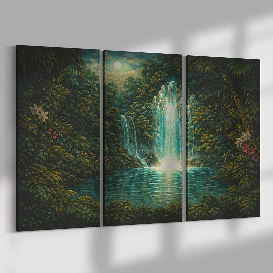 Tropical Waterfall Triptych Wall Art – Jungle Moonlit Landscape Canvas ...