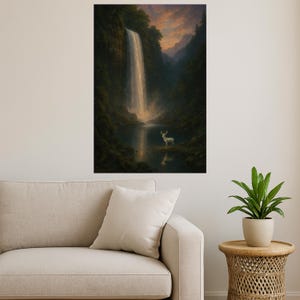 Mystischer Wasserfall in der Abenddämmerung Poster - Serene Wald Hirsch Kunstdruck - Ätherische Natur Wanddekoration für Ruhe & Wunder