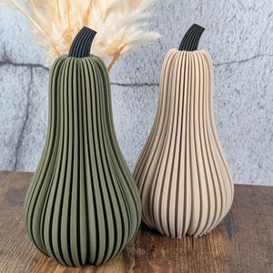 Peut inclure: Deux objets décoratifs en forme de courge. L'un est vert olive, l'autre beige. Les deux ont des détails côtelés verticaux et des tiges noires. Ils sont posés sur une surface en bois, avec de l'herbe ornementale séchée en arrière-plan.