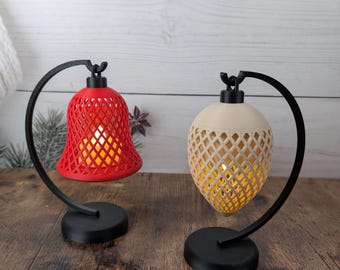 Christmas Lantern with LED Tealight – Bell or Pinecone Design with Stand, Festive Table Decoration