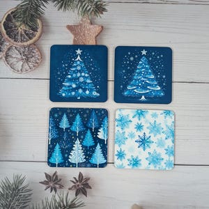 Winter Wonderland Coasters - Blue & White Snowflake and Tree Design, Winter Holiday Decor, Winter Drink Mat, Stocking Stuffer