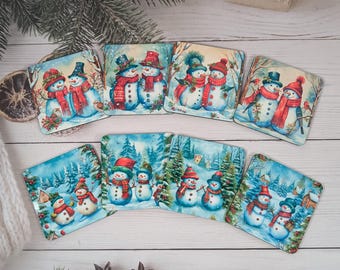 Snowman Christmas Coasters, Winter Coaster Set, Snowman Home Decor, Stocking Filler Gift