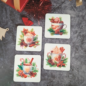 Winter Drink Coasters – Hot Chocolate & Cocoa Designs, Christmas Drink Coaster, Perfect Christmas Gift, Stocking Stuffers