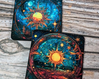 Porta-copos místico de sol e estrelas: decoração celestial para casa
