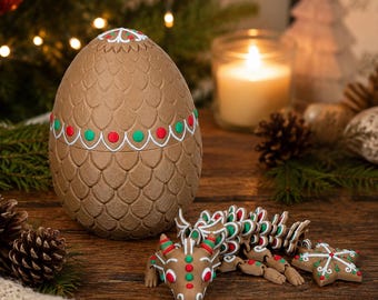Gingerbread Dragon with Optional Egg Container, Articulated Christmas Fidget Gift, Stocking Stuffer, Holiday Collectible