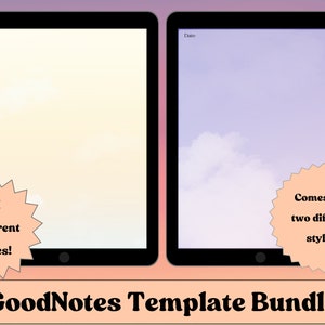 May include: Two GoodNotes templates, one with a light yellow background and the other with a light purple background. The text "31 Different Pages!" is on the left template and the text "Comes with two different styles!" is on the right template. The text "GoodNotes Template Bundle" is at the bottom of the image.
