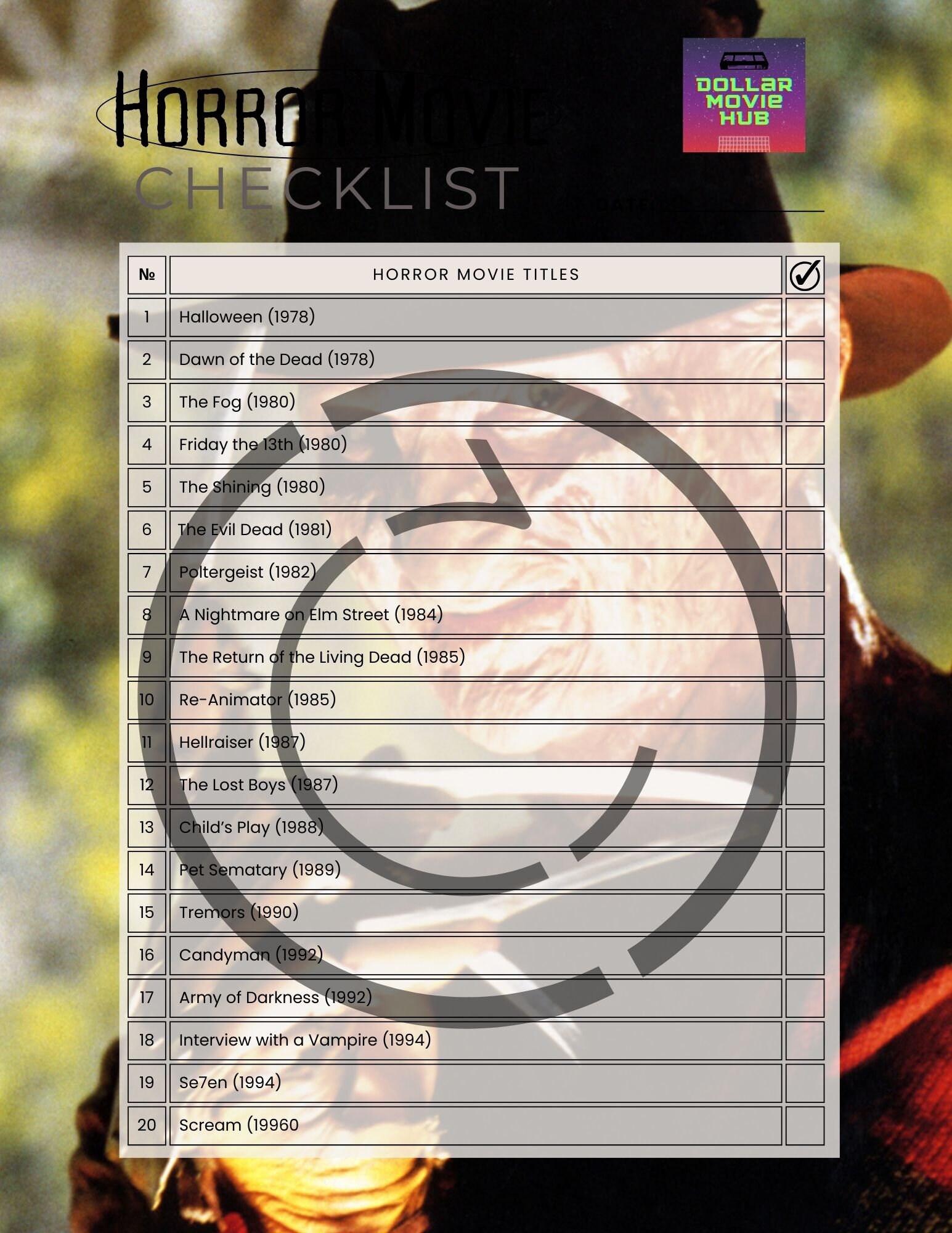 Horror Movie Fanatic Checklist VHS Game collect Them All by Dollar Movie Hub Card 1 of 5 Etsy