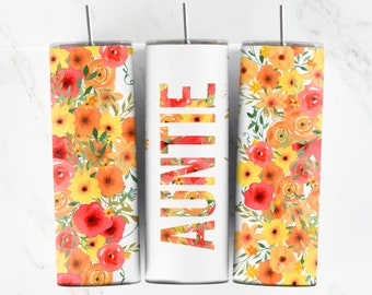 Watercolor Flower Red Orange Yellow AUNTIE Seamless PNG Sublimation, Digital File, 20oz Straight Tumbler PNG, Digital Download only