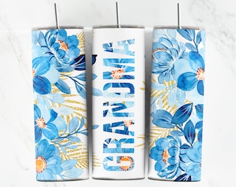 GRANDMA Tumbler Watercolor Blue Gold Flower Seamless PNG Sublimation, Wrap, Digital File, 20oz Straight Tumbler PNG, Digital Download only