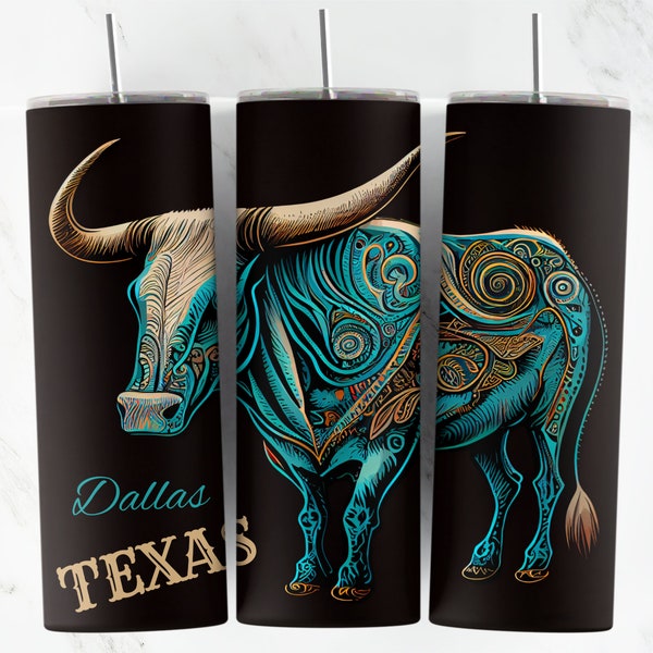 Dallas Texas, Longhorn Bull, Turquoise PNG, Tumbler Sublimation Wrap, Digital File, Tumbler Design, Straight Template, Digital Download only