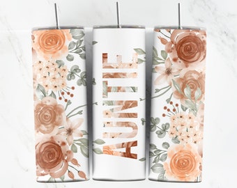 Watercolor Boho Flower Brown AUNTIE Seamless PNG Sublimation, Digital File, 20oz Straight Tumbler PNG, Digital Download only