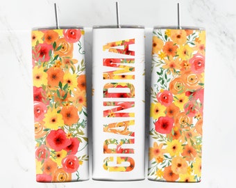 Watercolor Flower Red Orange Yellow GRANDMA Seamless PNG Sublimation, Digital File, 20oz Straight Tumbler PNG, Digital Download only