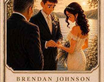 May include: A wedding invitation featuring a couple exchanging rings during a ceremony. The invitation includes the names Brendan and Alicia Johnson, the date May 2, 2026, and the location, Lake of the Ozarks, Missouri. The image has a warm, golden color palette.