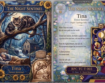 May include: Collectible trading card featuring a detailed illustration of a cat perched on a tree branch, with a forest scene and text that reads "The Night Sentinel." The back of the card has text and a stained-glass style design.