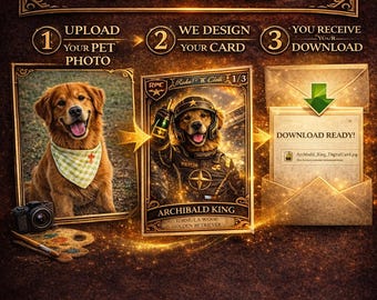 May include: A graphic showing the process of creating a custom pet portrait. The steps include uploading a photo, card design, and digital download. The image features a Golden Retriever in a military-style uniform and a digital card.