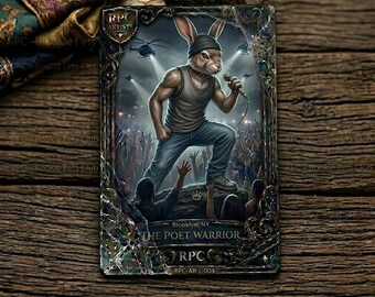 May include: A trading card featuring a rabbit humanoid in a tank top, jeans, and a beanie, holding a microphone and performing on stage. The card has a detailed border and the text "THE POET WARRIOR" and "RPC" are visible.