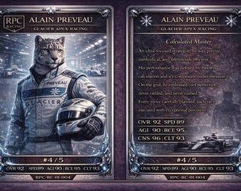 May include: Two trading cards featuring a snow leopard in a racing suit. The left card shows the leopard holding a helmet, with text reading "ALAIN PREVEAU" and "GLACIER APEX RACING." The right card has text describing the driver's skills.