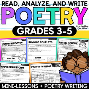 Könnte beinhalten: Lehrreiches Poster zum Verfassen von Gedichten für die Klassen 3-5. Das Bild zeigt das Wort „POESIE“ in leuchtenden Farben. Mini-Lektionen behandeln Reimpaare, Reimschemata und Haiku. Ein Cartoon-Kind liest ein Buch.