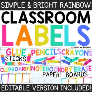 Classroom Supply Labels | Bright Decor Rainbow Classroom Decor | Classroom Supply Labels with Pictures Classroom Supply Bin Labels
