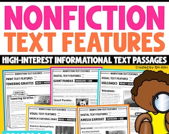 May include: Educational resource titled APPLY & EXPLAIN NONFICTION TEXT FEATURES HIGH-INTEREST INFORMATIONAL TEXT PASSAGES GRADES 3-5. It includes worksheets on giraffes, pandas, volcanoes, national parks, and Amelia Earhart with a cartoon character.