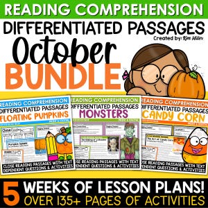 Op de afbeelding: Een educatief pakket getiteld Reading Comprehension Differentiated Passages October Bundle door Kim Miller. Het bevat drie sets: Floating Pumpkins, Monsters en Candy Corn, inclusief 5 weken lesplannen en meer dan 135 pagina's aan activiteiten met cartoonillustraties van een persoon, een pompoen, een monster en een snoepje.