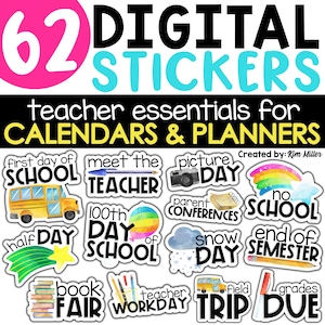 May include: 62 digital stickers for teachers, featuring watercolor illustrations of school-themed events like the first day of school, meet the teacher, picture day, parent conferences, snow day, and field trip.  The stickers are designed for use in calendars and planners.