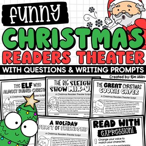 May include: A festive resource for Christmas, titled "Funny Christmas Readers Theater." The image displays scripts with questions and writing prompts, such as "The Elf Who Almost Ruined Christmas." The design is bright and cheerful.