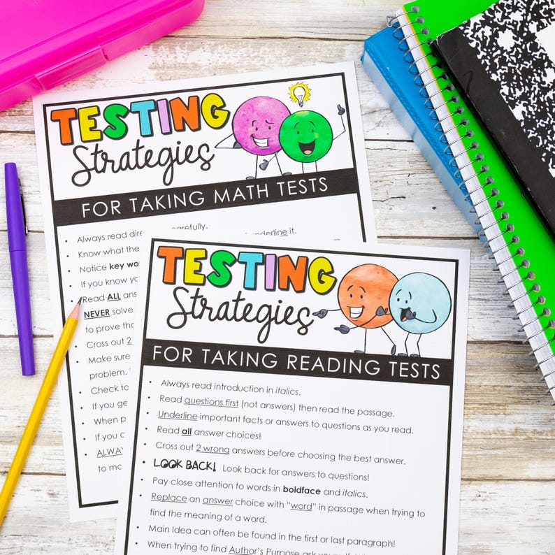 K&ouml;nnte beinhalten: Zwei p&auml;dagogische Arbeitsbl&auml;tter mit den Titeln Testing Strategies for Taking Math Tests und Testing Strategies for Taking Reading Tests. Jedes Blatt enth&auml;lt bunte Zeichentrickfiguren und eine Liste mit Anweisungen.
