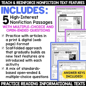 Nonfiction Text Features Worksheets, Informational Text, Reading Comprehension Passages Printables 3rd 4th 5th Grade Classroom Resources image 2