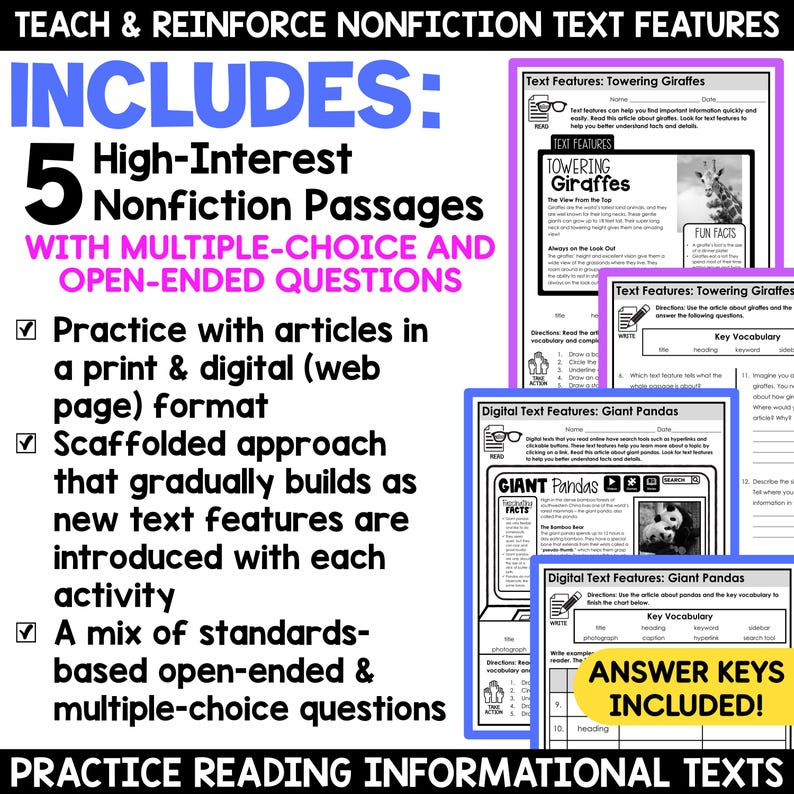 Nonfiction Text Features Worksheets, Informational Text, Reading Comprehension Passages Printables 3rd 4th 5th Grade Classroom Resources image 2