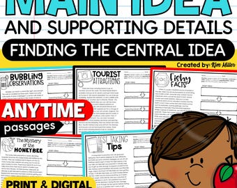 Main Idea and Supporting Details Worksheets 3rd, 4th, 5th Grade | Teacher Classroom Printables | Homeschool Reading | Digital Download PDF