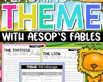May include: A colorful printable worksheet for teaching theme with Aesop's fables. The worksheet features illustrations of a tortoise, hare, lion, and mouse. The text on the worksheet includes the titles "The Tortoise and the Hare" and "The Lion and the Mouse". The worksheet also includes the text "Theme: The Message" and asks students to identify what the theme is and what the theme is not.