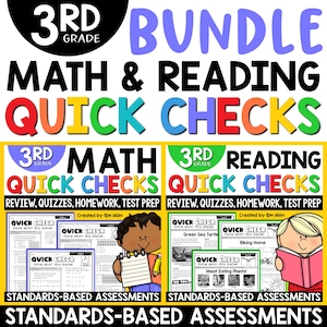 Könnte beinhalten: Ein Bundle mit Mathe- und Lesekontrollen für die 3. Klasse. Das Bild zeigt farbenfrohen Text, darunter "Math & Reading Quick Checks" und "Standards-Based Assessments". Illustrationen von Kindern und Arbeitsblättern sind ebenfalls enthalten.