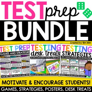 May include: A digital educational resource bundle titled TEST PREP BUNDLE featuring three sections: TEST PREP GAMES AND STRATEGIES, TESTING desk treats, and TESTING STRATEGIES. The design includes colorful text, green dice icons, and instructional cards.