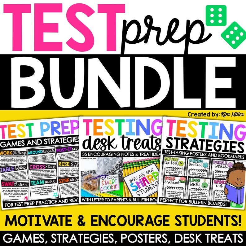 K&ouml;nnte beinhalten: Ein digitales Bildungsressourcen-Paket mit dem Titel TEST PREP BUNDLE, bestehend aus drei Abschnitten: TEST PREP GAMES AND STRATEGIES, TESTING desk treats und TESTING STRATEGIES. Das Design enth&auml;lt farbigen Text, gr&uuml;ne W&uuml;rfel und Lernkarten.