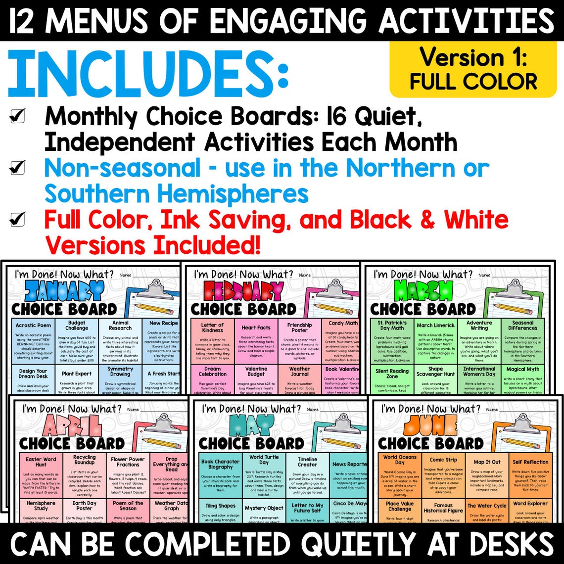 Early Fast Finishers Activities List + Choice Boards | Monthly I'm Done ...