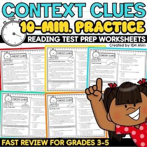 Peut inclure: Feuilles de travail éducatives pour les élèves de 3e à 5e année, intitulées "Context Clues" et "10-Min. Practice". Les feuilles de travail portent sur la préparation aux tests de lecture et la pratique du vocabulaire. L'image comprend une fille de dessin animé pointant vers les feuilles de travail.