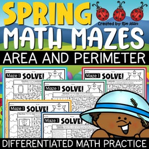 Op de afbeelding: Een kleurrijke educatieve poster getiteld "SPRING MATH MAZES AREA AND PERIMETER" met verschillende wiskundige doolhoven. De poster bevat de tekst "Maze I SOLVE!" en instructies voor het vinden van oppervlakte en omtrek. Het ontwerp toont lieveheersbeestjes en een stripfiguur.