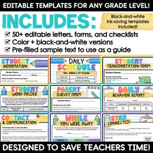 May include: A collection of editable classroom templates including student information, daily schedules, transportation forms, work folders, parent survey forms, behavior reports, contact sheets, and stay connected notices with colorful headers and text.