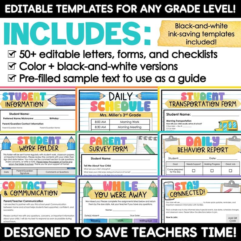 May include: A collection of editable classroom templates including student information, daily schedules, transportation forms, work folders, parent survey forms, behavior reports, contact sheets, and stay connected notices with colorful headers and text.