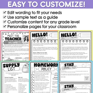 May include: A set of printable classroom templates featuring black and white designs with headers like Meet the Teacher, Hello Students, Supply List, and Homework Policy. The text EASY TO CUSTOMIZE! appears at the top with four checkmark bullet points.