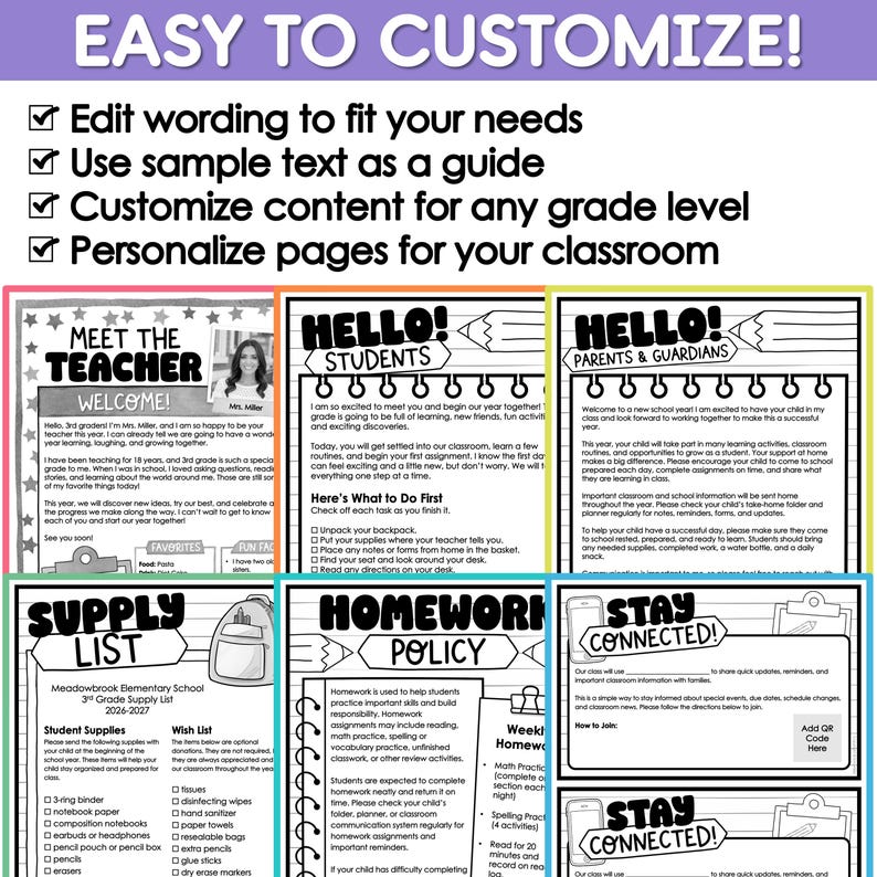 May include: A set of printable classroom templates featuring black and white designs with headers like Meet the Teacher, Hello Students, Supply List, and Homework Policy. The text EASY TO CUSTOMIZE! appears at the top with four checkmark bullet points.